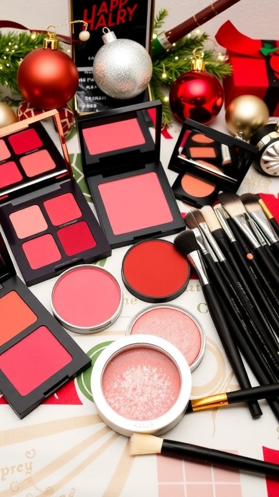 A makeup setup with blushes, highlighter, and brushes on a holiday-themed vanity.
